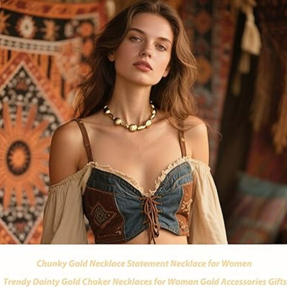 Gold Necklace Statement Trendy Dainty Choker Neck Cuban Chunky Nugget - Picture 3 of 3